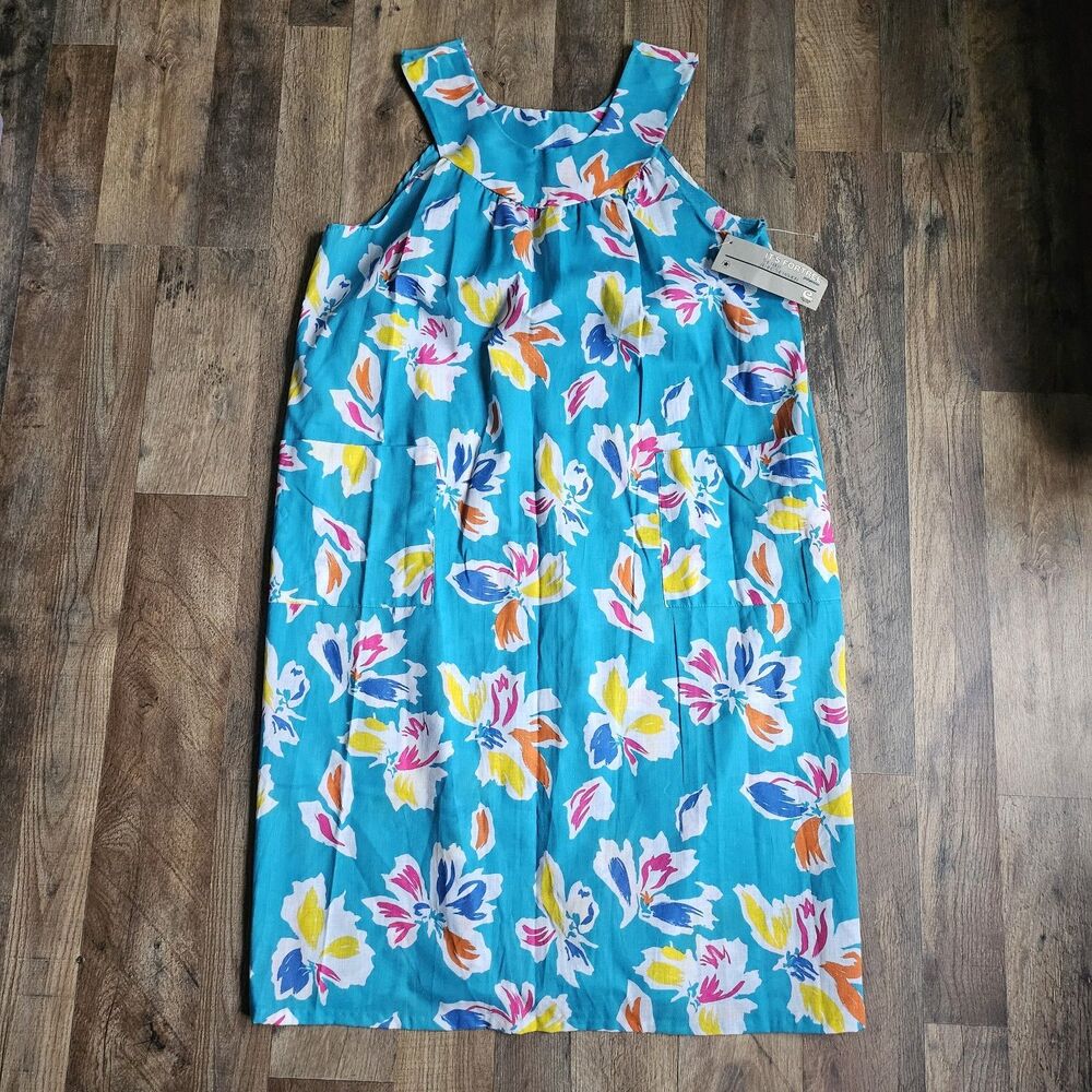 VTG NWT Granada Muu Muu House Dress Blue Floral Tropical Mod Patio Gown 1X USA